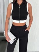 Osy Modal Yumuşak Dokulu Kumaş Tam Fermuarlı Crop Pantalon İkili Takım - Siyah resmi